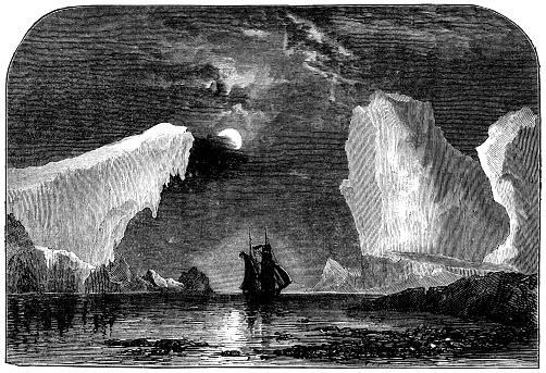 Tall ship amongst the icebergs at night under the moonlight in Newfoundland, Canada. Vintage etching circa late 19th century.