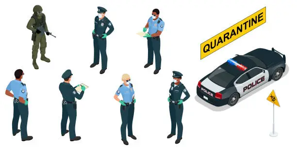 Vector illustration of Isometric police officers in medical masks and gloves. Quarantine Control. Coronavirus Prevention. Police characters and police car.