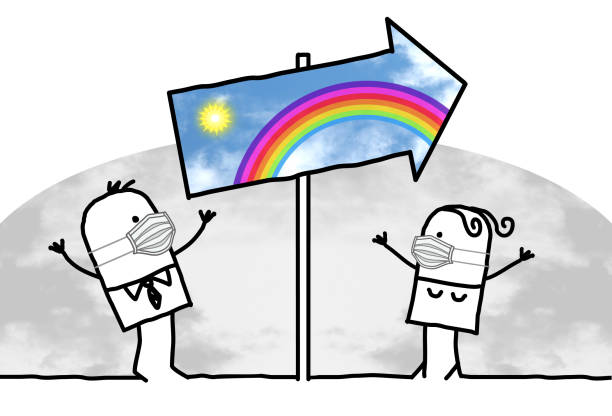 hand drawn Cartoon people with protection masks happy to see a colorful exit for better days