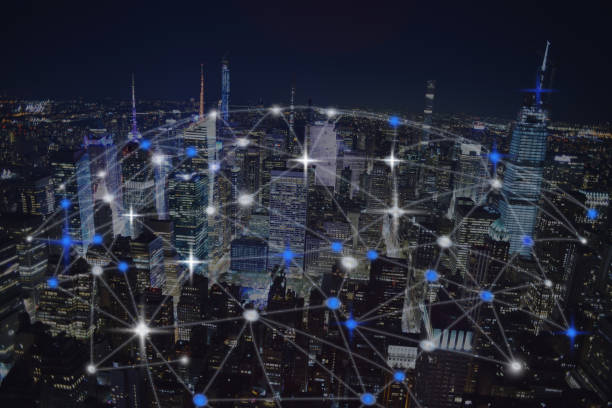 istock Abstract global network over night urban city skyscrapers 1219214640