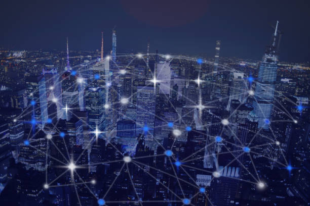 istock Abstract global network over night urban city skyscrapers 1219214652
