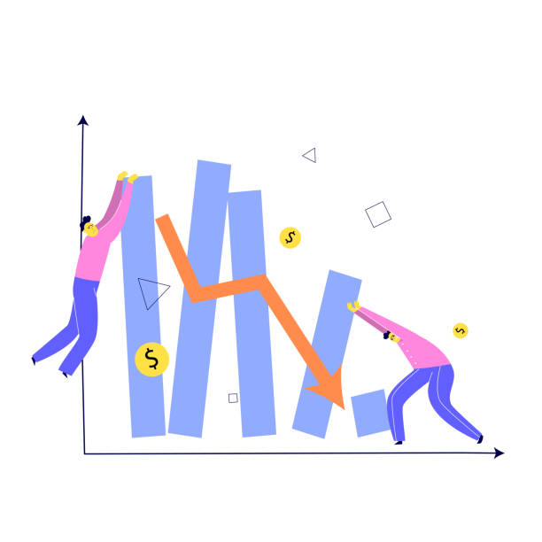 ilustrações de stock, clip art, desenhos animados e ícones de vector illustration of two men trying to keep stylized graph from falling. investment failure, business collapse, financial crisis concept. - moving down dollar decline graph