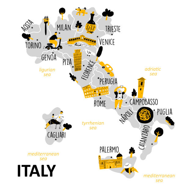 主要な観光スポット、ランドマーク、文化的シンボルを持つイタリアの様式化された地図。 - italy map sicily cartography点のイラスト素材／クリップアート素材／マンガ素材／アイコン素材