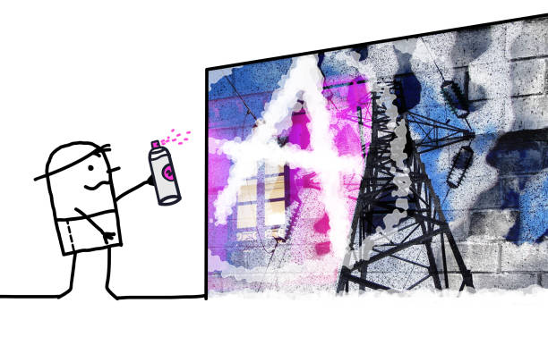 homem de desenho animado pintando um grafite anarquista em uma parede urbana - símbolo da anarquia ilustrações - fotografias e filmes do acervo