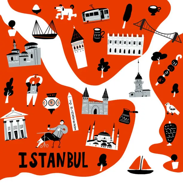 Vector illustration of Stylized map of Istanbul. Vector illustration of istanbul attractions and symbols.