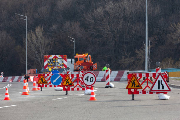 istock Repair work on the road, road signs. 1219215330