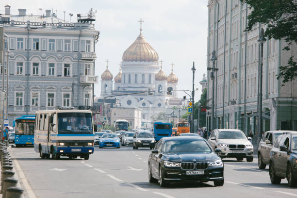 Moscow, Russia - june 10, 2019 - Mokhovaya Street with Cathedral of Christ the Saviour in the background