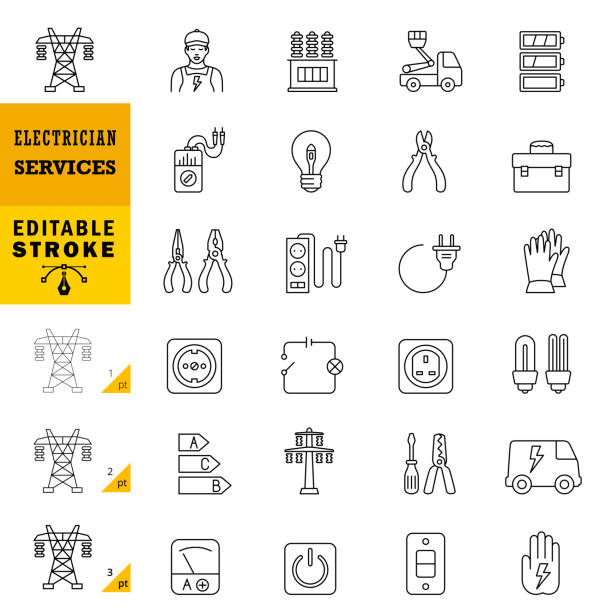 ilustraciones, imágenes clip art, dibujos animados e iconos de stock de iconos de línea de servicios de electricistas. trazo editable. - electric plug electricity power cable power