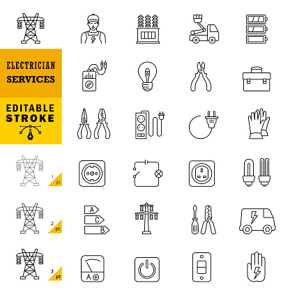Electrician services line icon set. House repairman.
