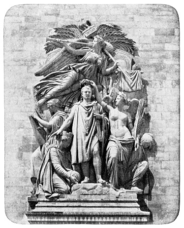 Le Triomphe de on the Arc de Triomphe de l'Étoile in Paris, France. Vintage photo half-tone etching circa mid 19th century.