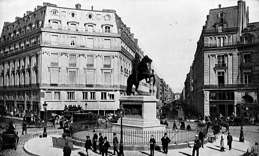The Statue of Louis XIV at Place des Victoires in Paris, France. Vintage photo half-tone etching circa mid 19th century.
