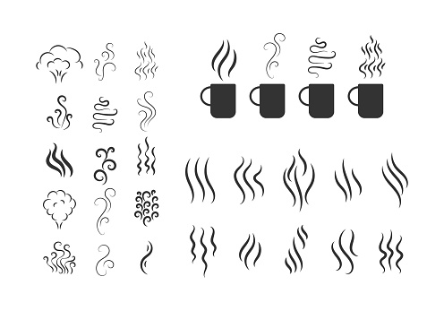 Fragrances evaporate icons. Smells line icon set, hot aroma, smells or fumes. Coffee cup icon. Symbols of glasses of hot drinks on white background. Vector illustration doodle hand drawn, EPS 10.