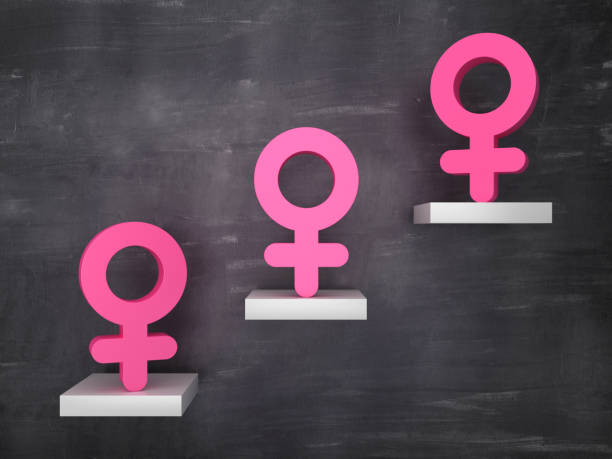 istock Steps with Female Gender Symbol on Chalkboard - 3D Rendering 1219220216