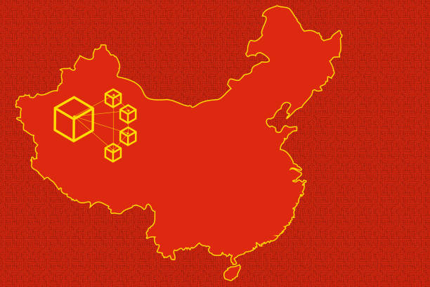 flag of china, stars replaced with blockchain cubes on a chinese map - stock market china shenzhen asia imagens e fotografias de stock