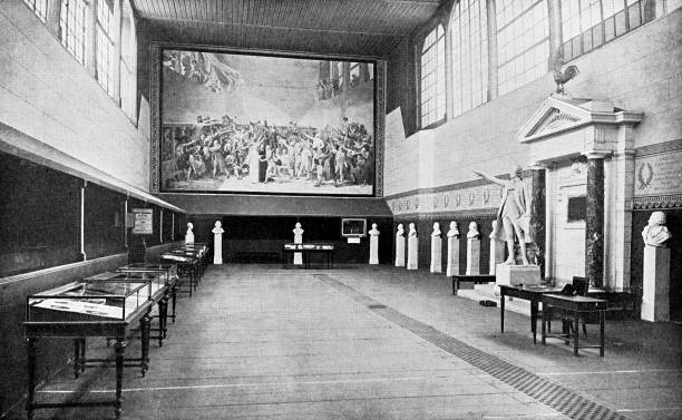 Jeu de Paume Room at the Chateau de Versailles in Versailles, France - 19th Century Jeu de Paume Room (Tennis Court Room) at the Chateau de Versailles (Palace of Versailles) in Versailles, France. Vintage etching circa 19th century. palace of versailles stock illustrations
