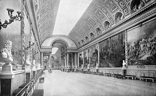 Galerie des Batailles (Gallery of Battles) at the Chateau de Versailles (Palace of Versailles) in Versailles, France. Vintage etching circa 19th century.
