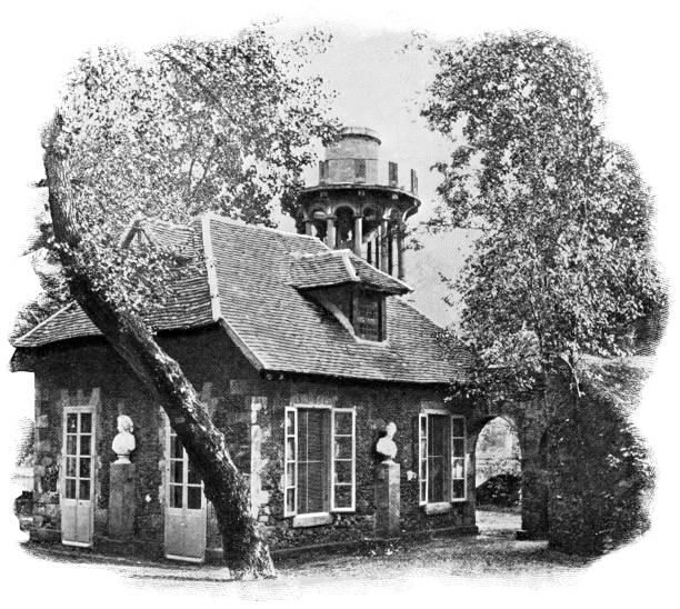 The Dairy at Hameau de la Reine in Versailles, France - 19th Century The Dairy at Hameau de la Reine (Queen’s Hamlet) in Versailles, France. Vintage etching circa mid 19th century. palace of versailles stock illustrations