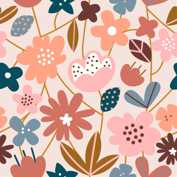 Hand drawn colorful floral seamless repeat pattern. Spring, summer flowers, trendy colors. Scandinavian style. Contemporary art for fabric, wrapping paper, wall art, packaging. Vector illustration terra stock illustrations