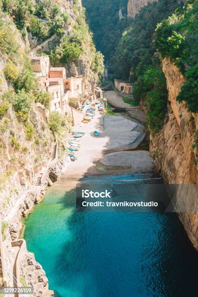 Famous Fiordo Di Furore Beach Seen From Bridge Stock Photo - Download Image Now - Amalfi, Beach, Coastline