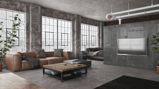 istock Industrial styled interior of modern open space loft apartment 1219226776