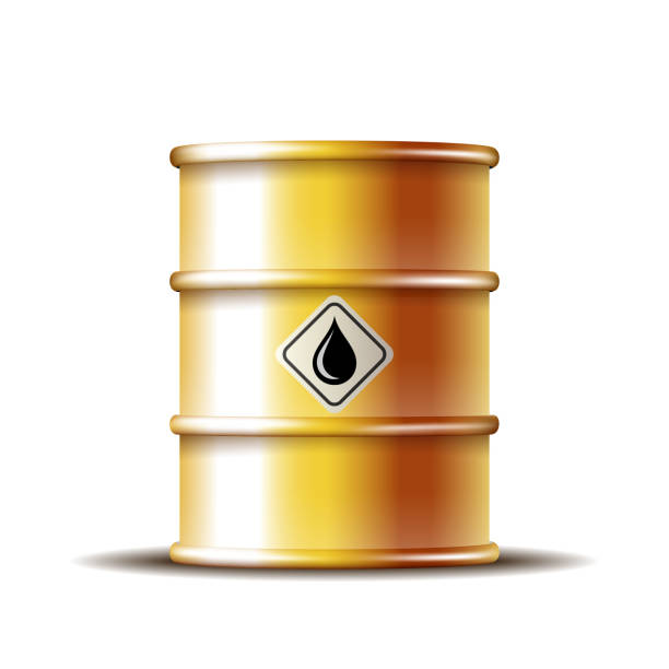 istock Golden metal oil barrel with black oil drop 1219230794