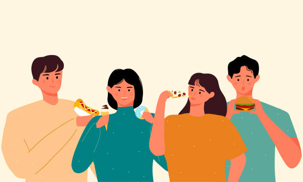 ilustrações de stock, clip art, desenhos animados e ícones de international no diet day illustration. group young people eating junk food or fast food. people with different delicious food. celebrate world food day. man and woman eat unhealthy foods. - burger sandwich hamburger eating