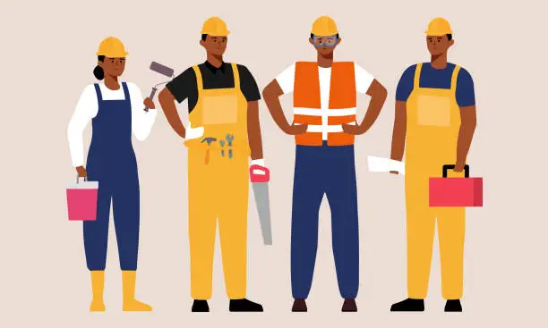 Vector illustration of portrait of migrant workers. black people construction team. labor group workers in dark skin cartoon character illustration. set of professional workers. celebrate labor day flat vector design.
