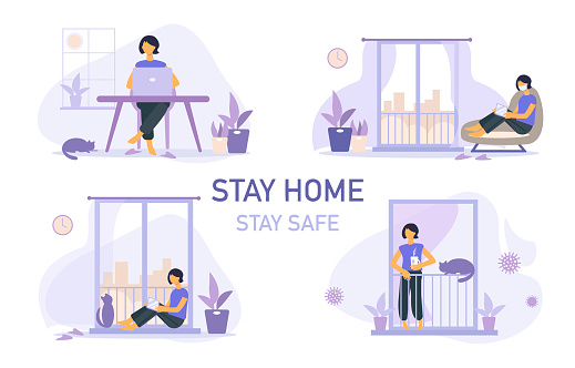 Set of Stay home banner template. Woman with cup, houseplant, balcony, city.