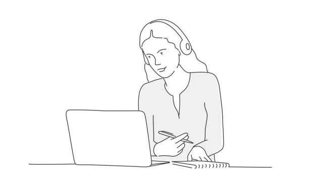 Woman in headphones looks at a laptop Woman in headphones looks at a laptop. Line drawing vector illustration. service drawings stock illustrations