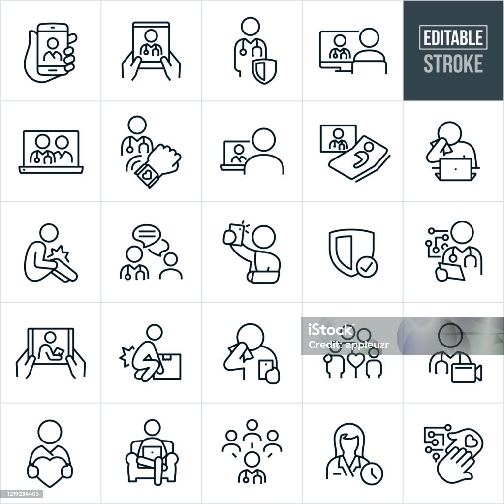 Telemedicine Thin Line Icons - Editable Stroke A set of telemedicine icons that include editable strokes or outlines using the EPS vector file. The icons include several different telemedicine interactions between patients and doctors. They include a smartphone being held by a patient while talking face to face with his physician, a patient using a tablet PC to talk with his doctor, doctor, physician, patient, doctor on computer screen with patient on the other side of the screen, female doctor on laptop screen, medical monitoring using a smartphone, patient sick in bed while receiving medical care from virtual physician on screen, patient with cold or flu sneezing into tissue while using telemedicine on laptop, patient with hurt knee, doctor using internet chat to communicate with patient, patient with hurt arm using smartphone to send picture to physician, security, doctor using tablet pc to communicate with patient, person hurting back while lifting box, patient coughing while talking to doctor via smartphone, family of four, patient using Telehealth from chair at home and other related icons. Icon Symbol stock vector