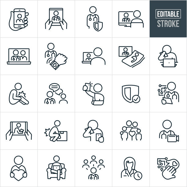 Telemedicine Thin Line Icons - Editable Stroke A set of telemedicine icons that include editable strokes or outlines using the EPS vector file. The icons include several different telemedicine interactions between patients and doctors. They include a smartphone being held by a patient while talking face to face with his physician, a patient using a tablet PC to talk with his doctor, doctor, physician, patient, doctor on computer screen with patient on the other side of the screen, female doctor on laptop screen, medical monitoring using a smartphone, patient sick in bed while receiving medical care from virtual physician on screen, patient with cold or flu sneezing into tissue while using telemedicine on laptop, patient with hurt knee, doctor using internet chat to communicate with patient, patient with hurt arm using smartphone to send picture to physician, security, doctor using tablet pc to communicate with patient, person hurting back while lifting box, patient coughing while talking to doctor via smartphone, family of four, patient using Telehealth from chair at home and other related icons. patient symbols stock illustrations