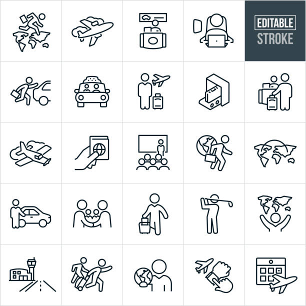 Business Travel Thin Line Icons - Editable Stroke A set of business travel icons that include editable strokes or outlines using the EPS vector file. The icons include business travel, business person with briefcase jumping from country to country, airplane, international deals, car rental, airplane seat, taxi cab, business person traveling with suitcase, briefcase going through airport security, airport check-in, private airplane, passport, conference, handshake, business person playing golf, world travel, airport, luggage and other related icons. business travel stock illustrations