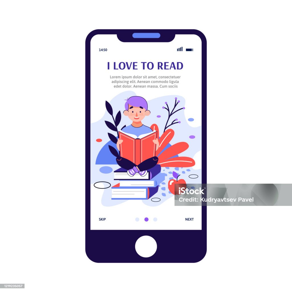 Cartoon Child Reading A Book Mobile App For Childrens Education Starter  Page Template Little Boy Sitting On Stack Of Books In Summer Park Flat  Vector Illustration Stock Illustration - Download Image Now -