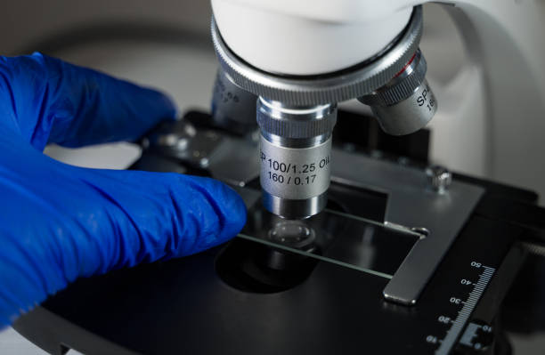 istock Close-up shot of Laboratory microscope with sample glass. 1219235700