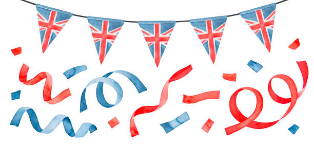 ilustrações, clipart, desenhos animados e ícones de conjunto brilhante com flâmulas de festa, confete e bunting bandeira britânica. ilustração de aquarela pintada à mão em branco, elementos clipart recortados para decoração de design, cartão "feliz aniversário", banner de viagem. - british flag bunting flag english culture