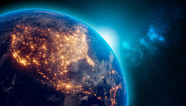 istock Earth at night from outer space with city lights on North America continent. 3D rendering illustration. Earth map texture provided by Nasa. Energy consumption, electricity, industry, power supply, ecology concepts. 1219235897