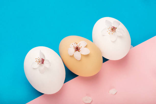 istock Easter eggs lie on a bright pink-blue background. Sakura flowers lie on the background and decorate the Easter composition. Spring Religious holiday Easter. Easter time. 1219236295