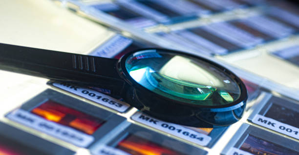 diapositivas fotográficas sobre una mesa de luz siendo analizadas con lupa y reorganizadas por el fotógrafo durante el período de aislamiento social y cuarentena en covid19 - loupe lightbox magnifying glass photography fotografías e imágenes de stock