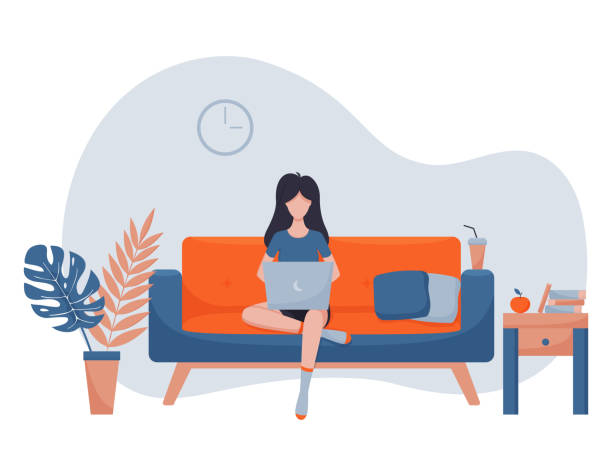 Vector illustration in a flat style - woman sitting working on a sofa with a laptop - concept of creative and remote work in a home office. Home interior living room. light blue background. Vector illustration in a flat style - woman sitting working on a sofa with a laptop - concept of creative and remote work in a home office. Home interior living room. light blue background sofa illustrations stock illustrations