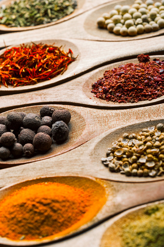 Spices in wooden spoons arranged in a row