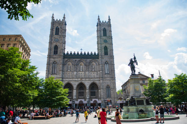 Montreal, Canada. July 31, 2019 . Exterior of the basilica of Notre Dame in Quebec. Sunny day.