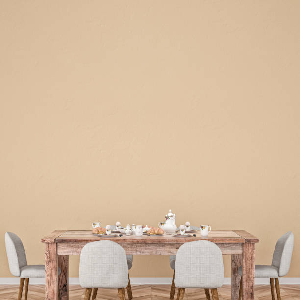 istock Dining room with table and decoration plaster wall stock photo 1219240247
