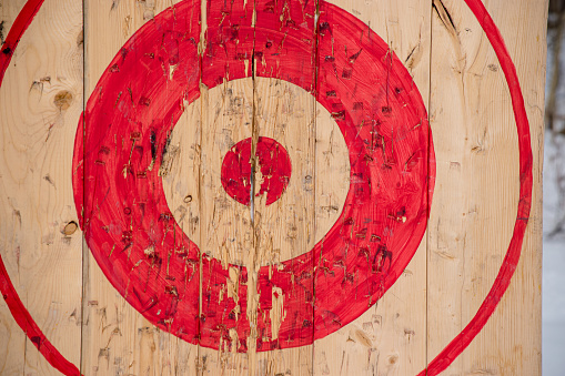 An axe throwing target has been set up and used on this snowy day