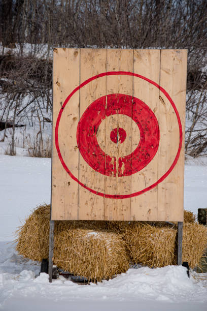 axe target An axe throwing target has been set up and used on this snowy day axe throwing stock pictures, royalty-free photos & images