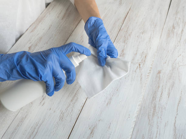 istock Surface cleaning spraying antibacterial sanitizing spray bottle disinfecting against COVID-19 spreading wearing medical blue gloves 1219242750
