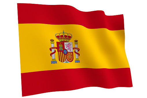 Spain flag, 3d render. Flag of Spain waving in the wind, isolated on white background.
