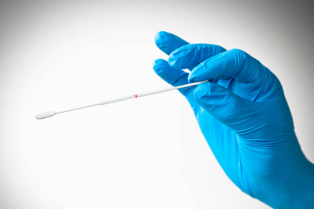 Hand with latex glove holding swab for coronavirus testing Coronavirus Testing cotton swab photos stock pictures, royalty-free photos & images