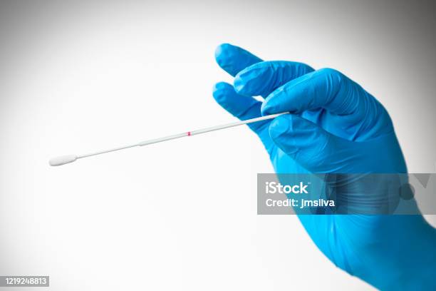 Hand With Latex Glove Holding Swab For Coronavirus Testing Stock Photo - Download Image Now