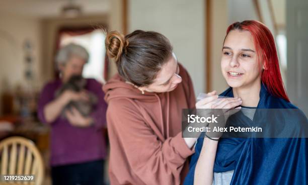 Older Sister Cutting Her Younger Sisters Hair At Home And Their Grandmother Is Wathcing With A Puppy Dog In Her Hands Stock Photo - Download Image Now