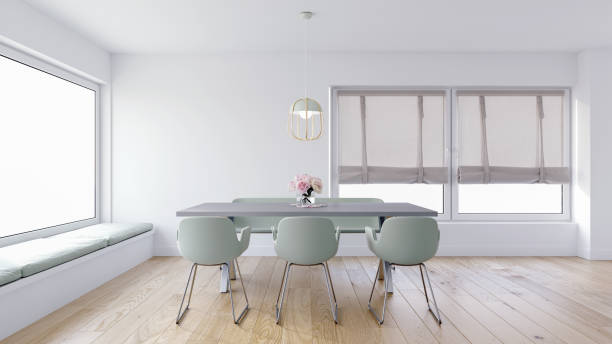 современный макет столовой с удобными мягкой оконные сиденья, большой уголок окна, римские жалюзи и шалфей зеленые стулья, 3d рендеринга, 3d и - oak floor стоковые фото и изображения